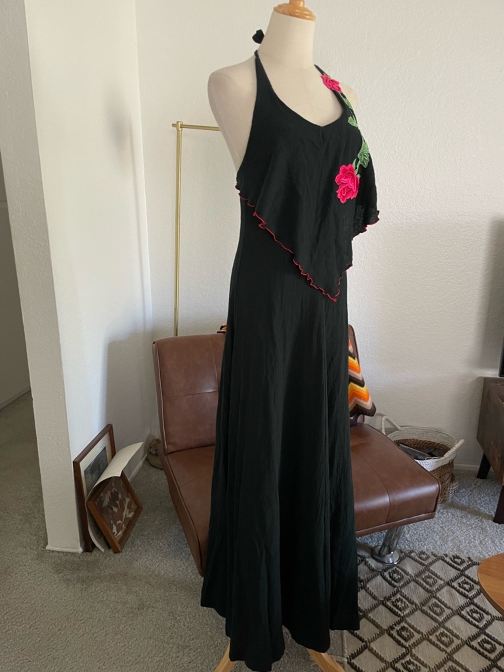 Vintage 1970s Young Edwardian by Anpeja Boho Rose Floral Halter Dress - Picture 2 of 8